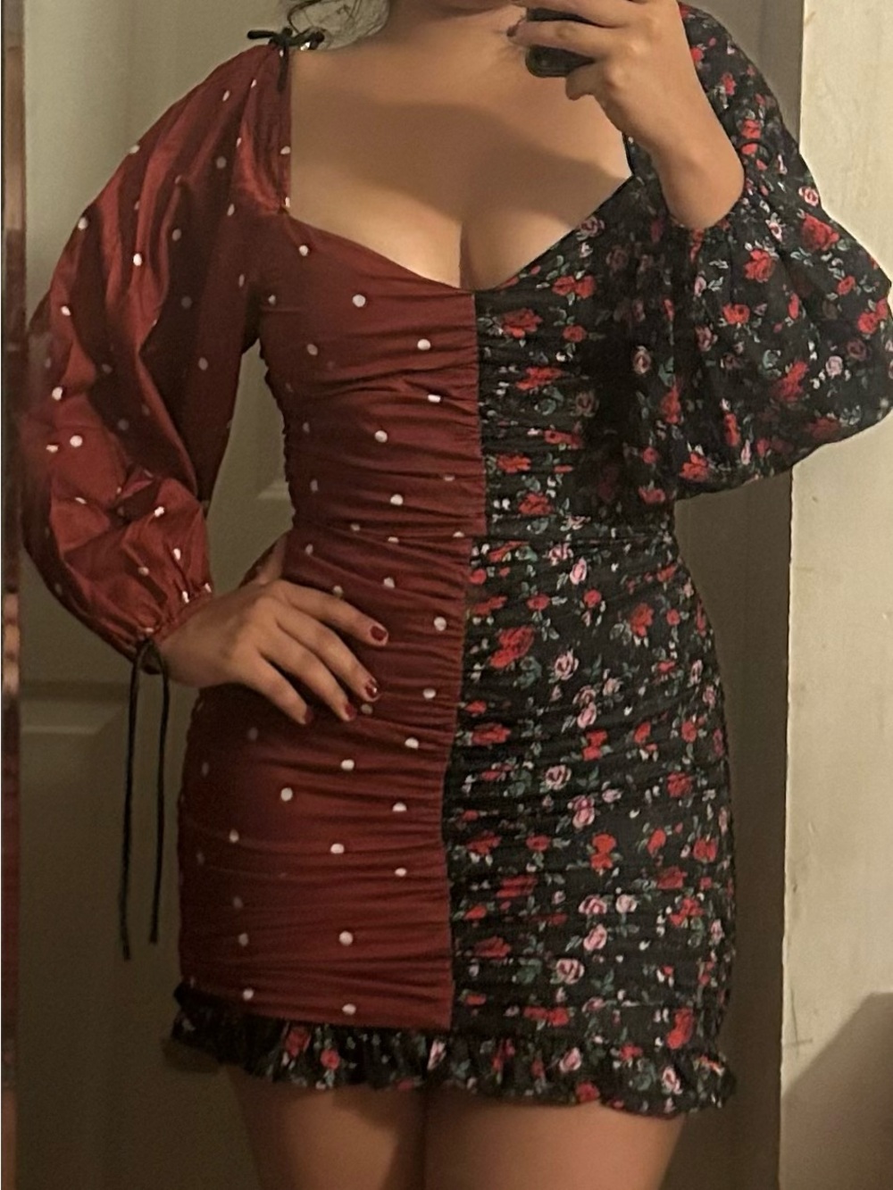 Two-Tone Burgundy & Black Floral Polka Dot Mini Dress